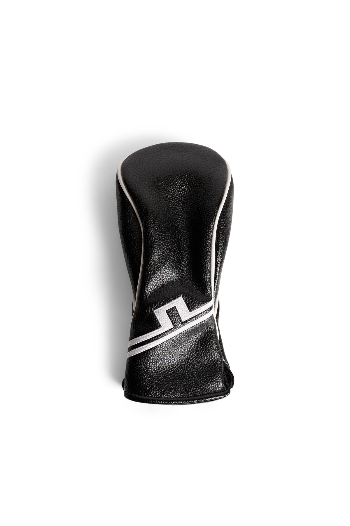 J.Lindeberg Fairway Headcover in zwart — vooraanzicht met Bridge-logoborduurwerk en contrasterende bies