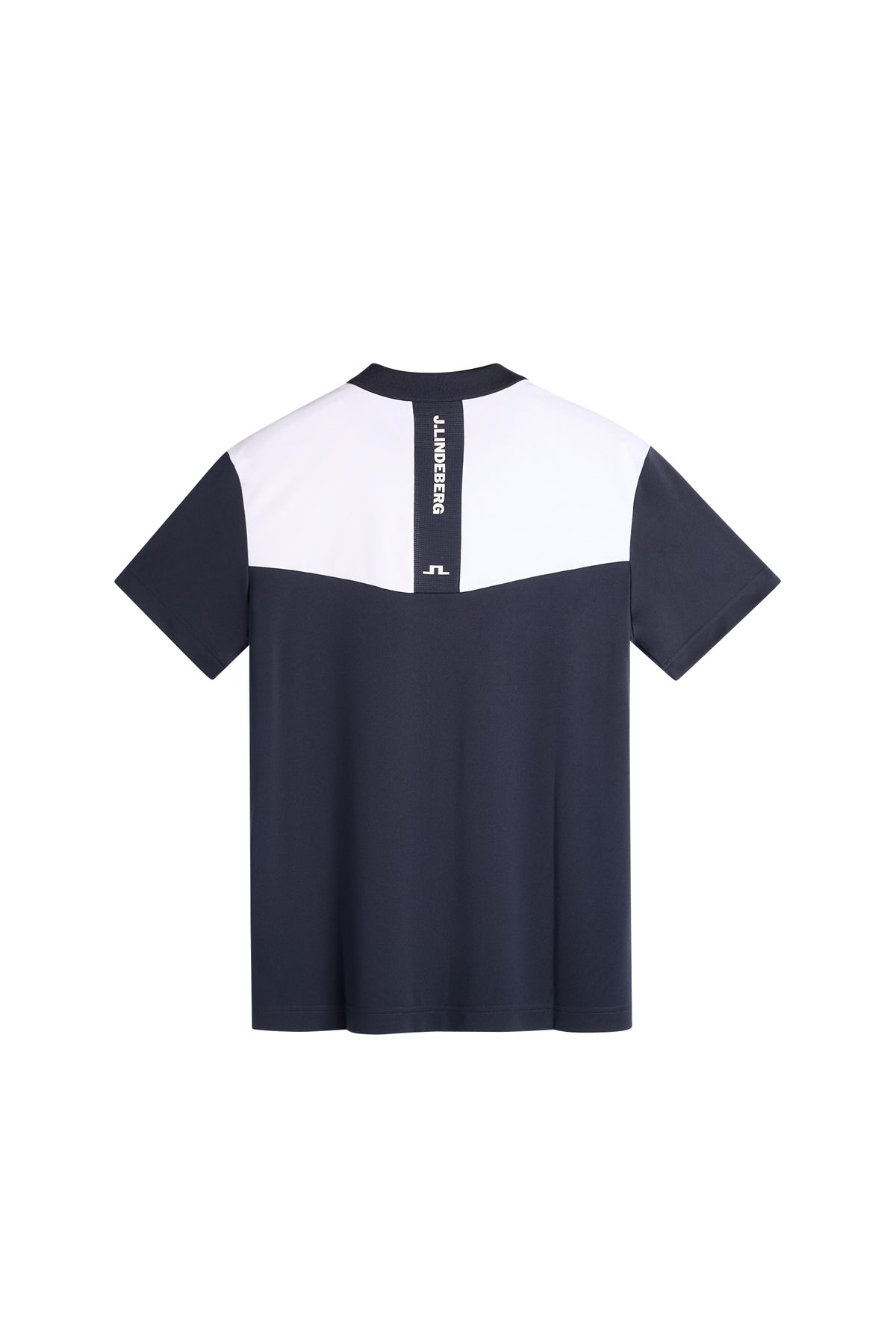 J.Lindeberg Calex Polo JL Navy – achteraanzicht met mesh-inzetstuk en tonale J.Lindeberg-print
