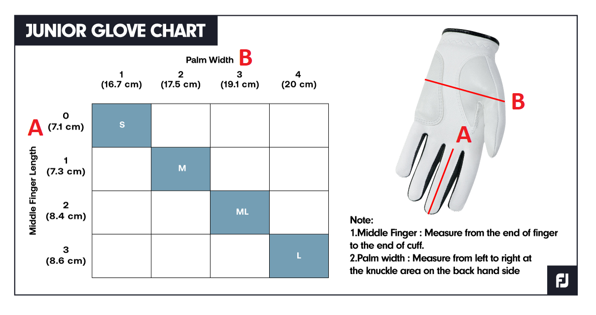 FootJoy FJ Junior handschoen maattabel